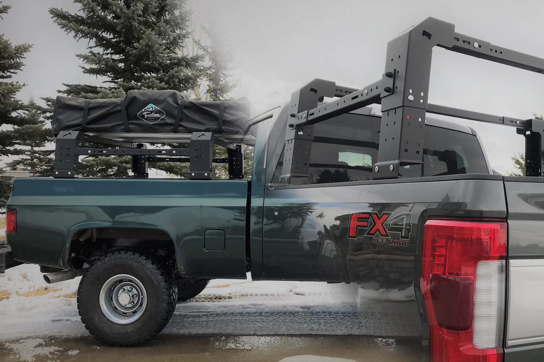 A blended image of both the Stealth and Gonzo Truck Bed Racks by Twin Peaks Wilderness Company