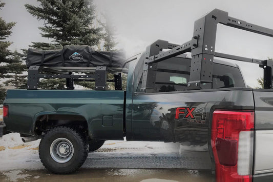 A blended image of both the Stealth and Gonzo Truck Bed Racks by Twin Peaks Wilderness Company